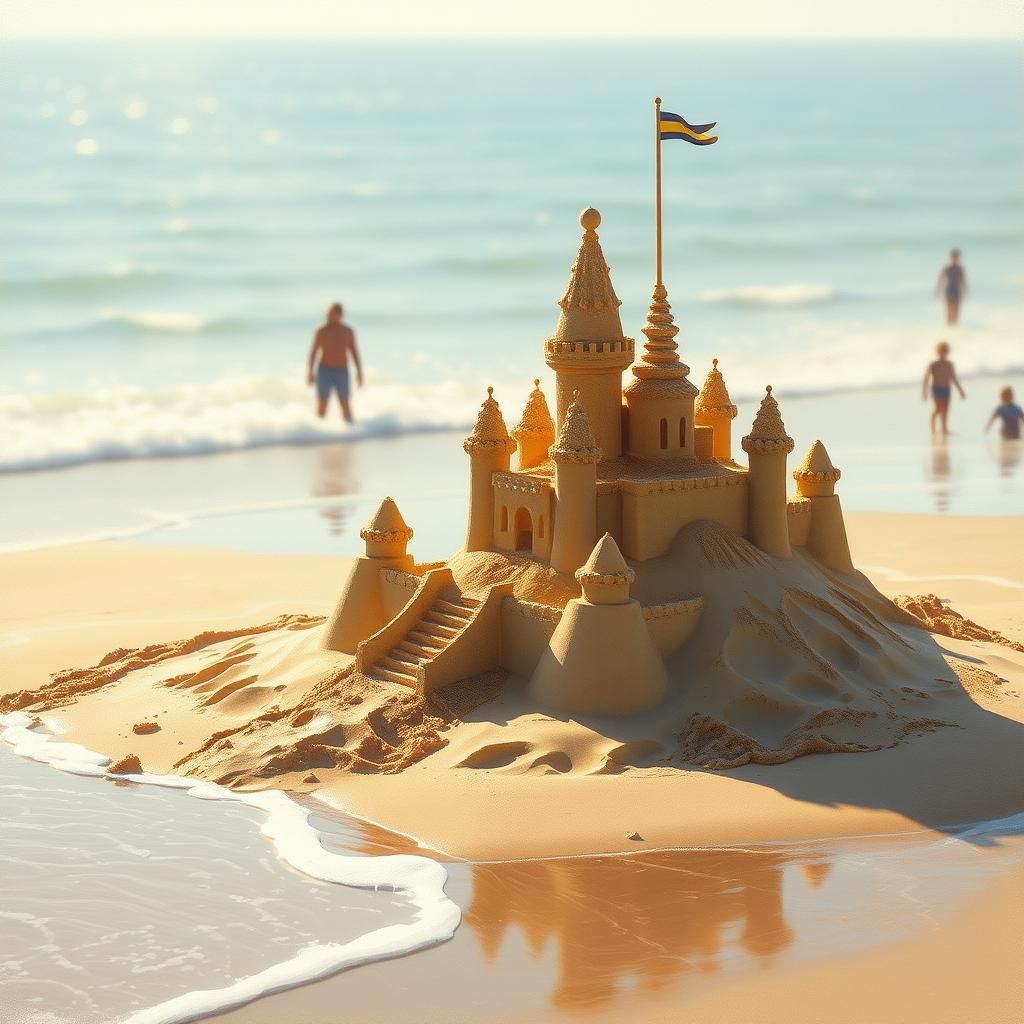 "A grand sandcastle by the seaside, with delicate turrets an...