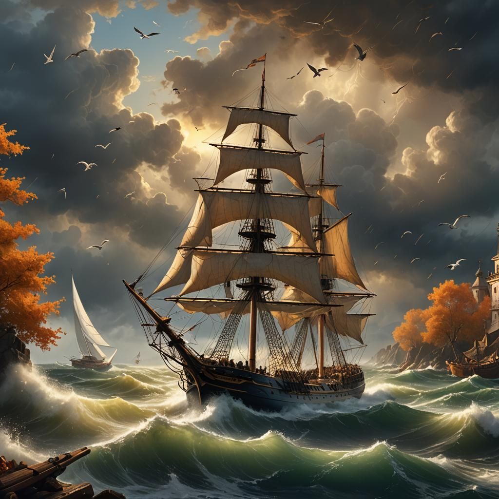 Sailing Ship Leaves Stormy Autumn Harbor