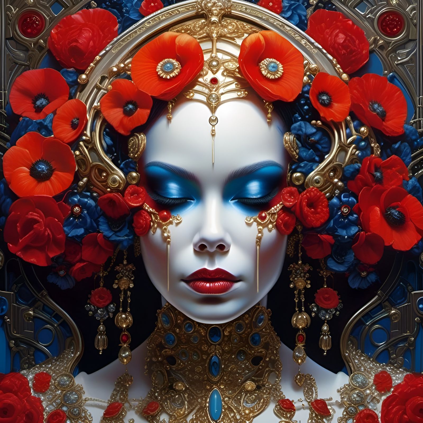 A fantasy undead skeletal face Bjork, highly detailed clothes adorned with laces and floral elements, luxurious laces, b...