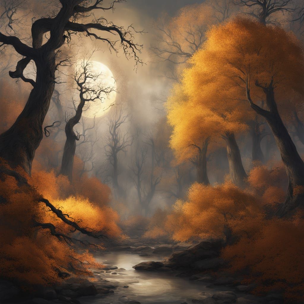 Enchanting Autumn Forest Under Glowing Moon