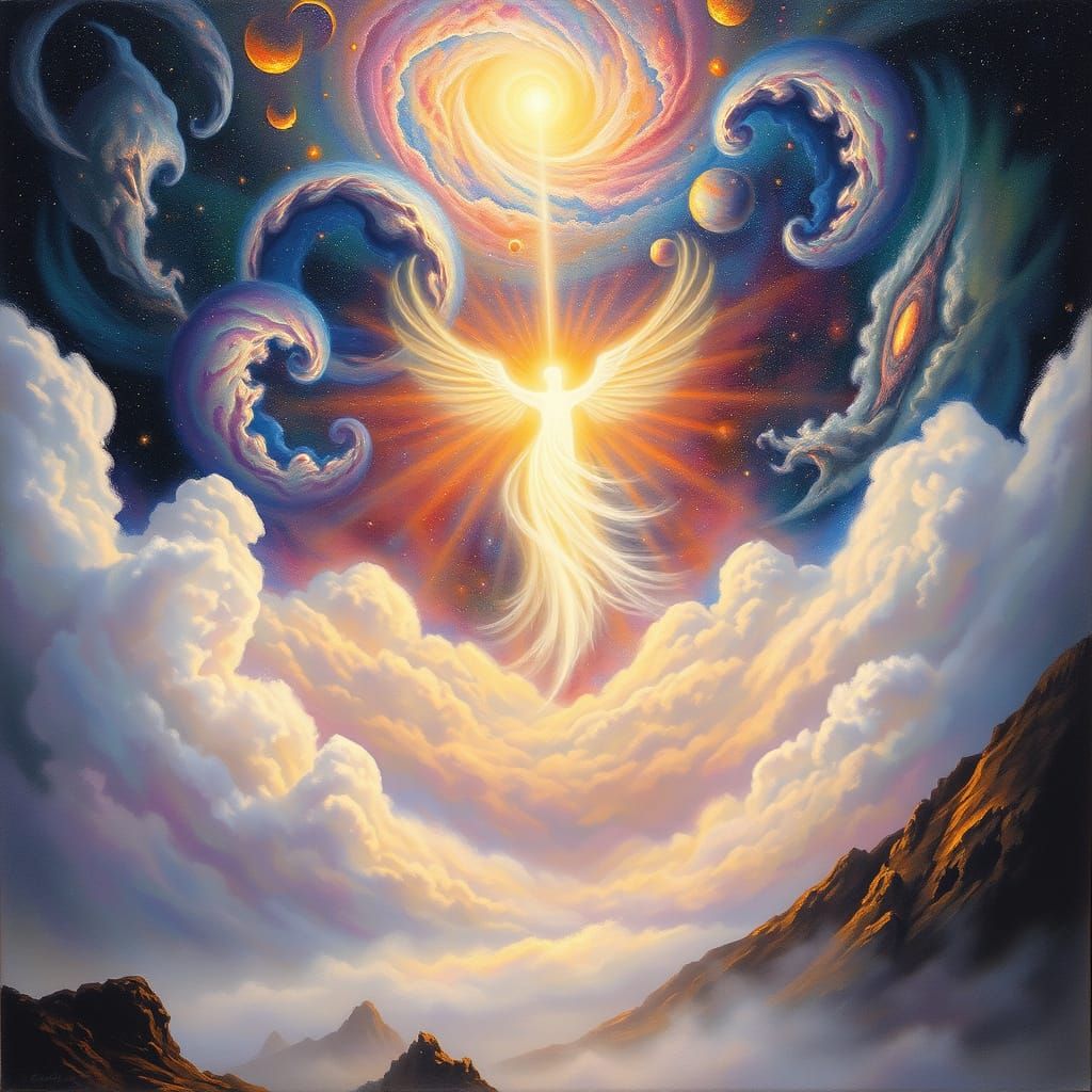 Celestial Being Descends on Cosmic Landscape