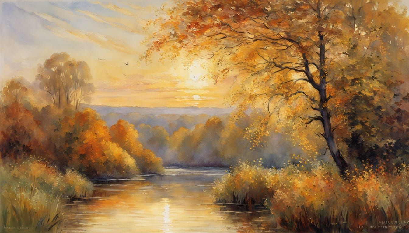 Whimsical Sunset River Scene in Watercolor and Pen