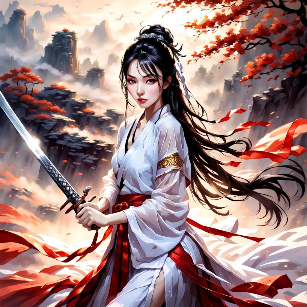 Beautiful Chinese Fairy Swordswoman in Wuxia Style