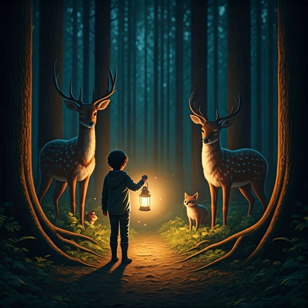 Child with Lantern Illuminates Forest in Fantasy Style