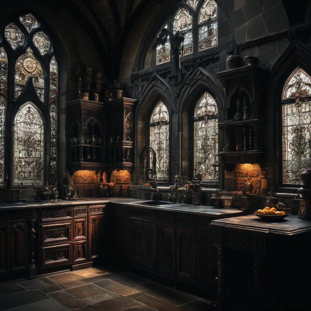 Gothic Kitchen Design with Dark Wood and Stone