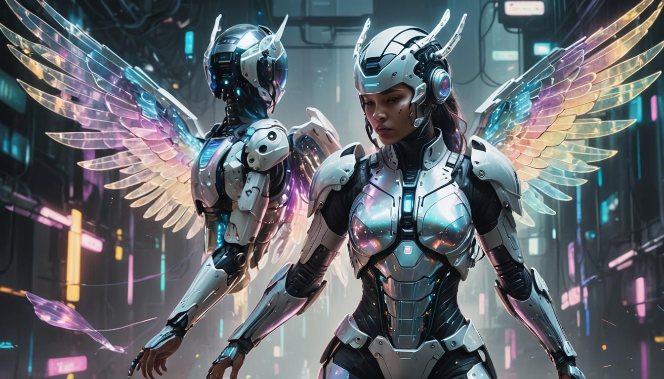 Cyberpunk Angel in Holographic Armor