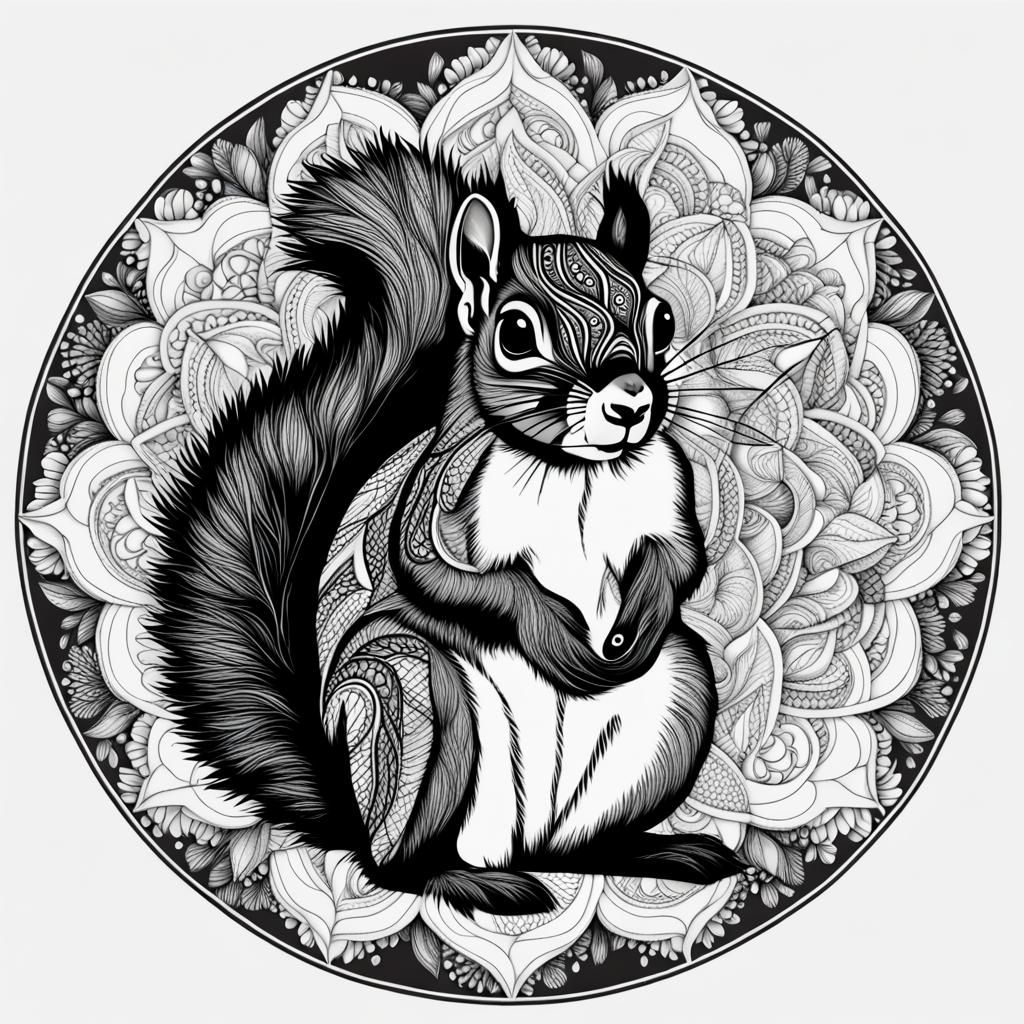 Monochrome Mandala: A Squirrel's Geometric World