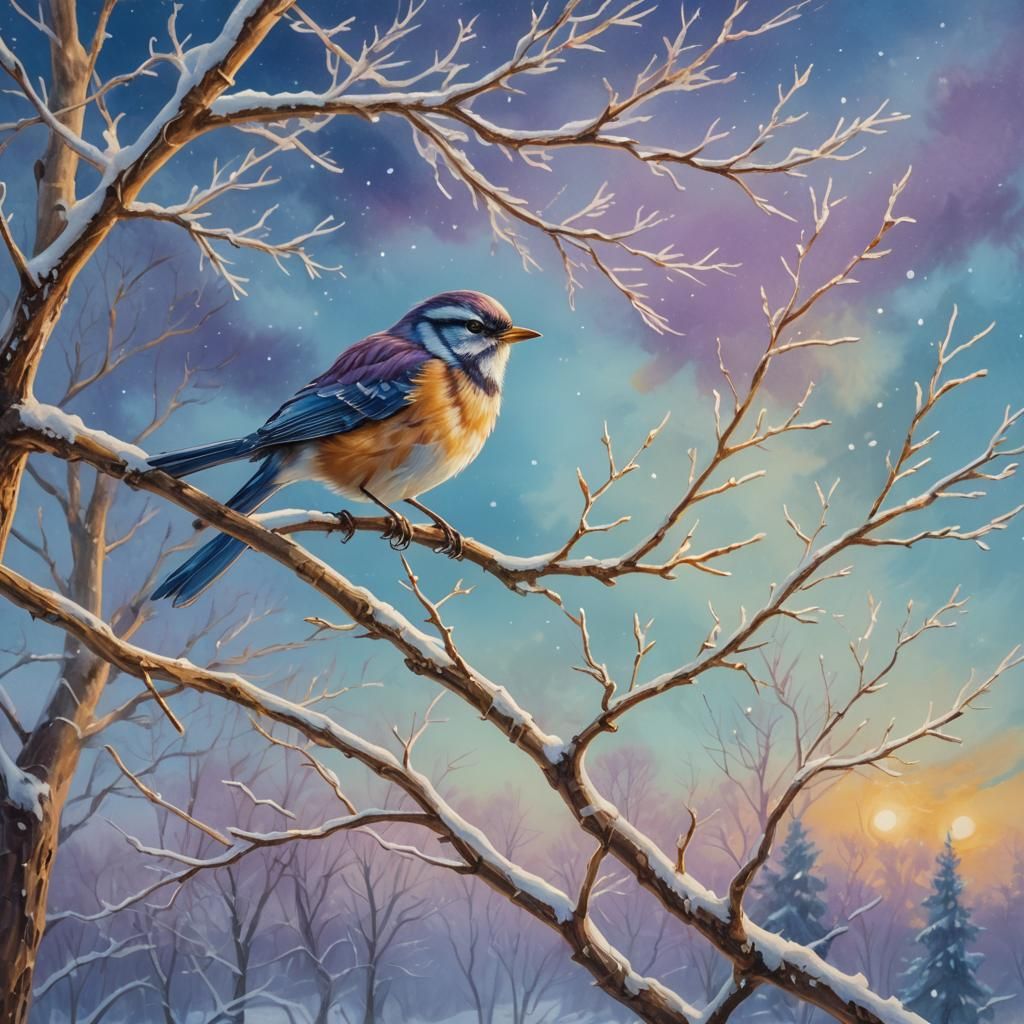 Winter Bird on Frosty Branch, Fantasy Concept Art
