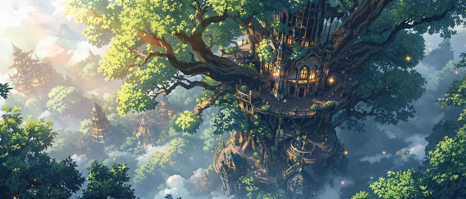 Enchanting Anime Treehouse in Dark Fantasy Forest