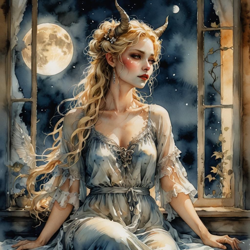 Moonlit Demoness in Watercolor Style