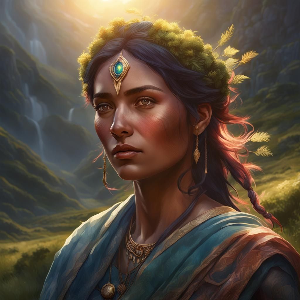 Samurai Woman in Forest Glen with Crepuscular Rays