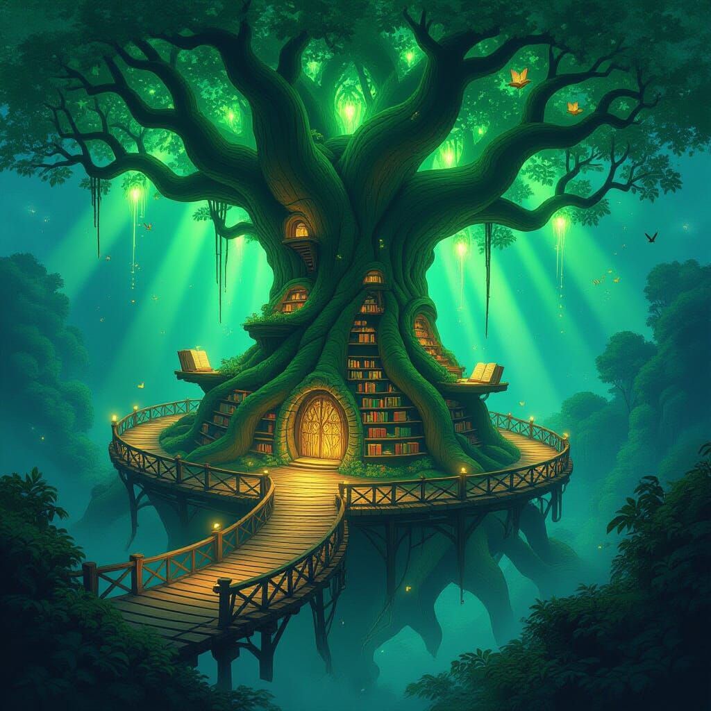Enchanted Tree Library with Glowing Roots and Floating Books