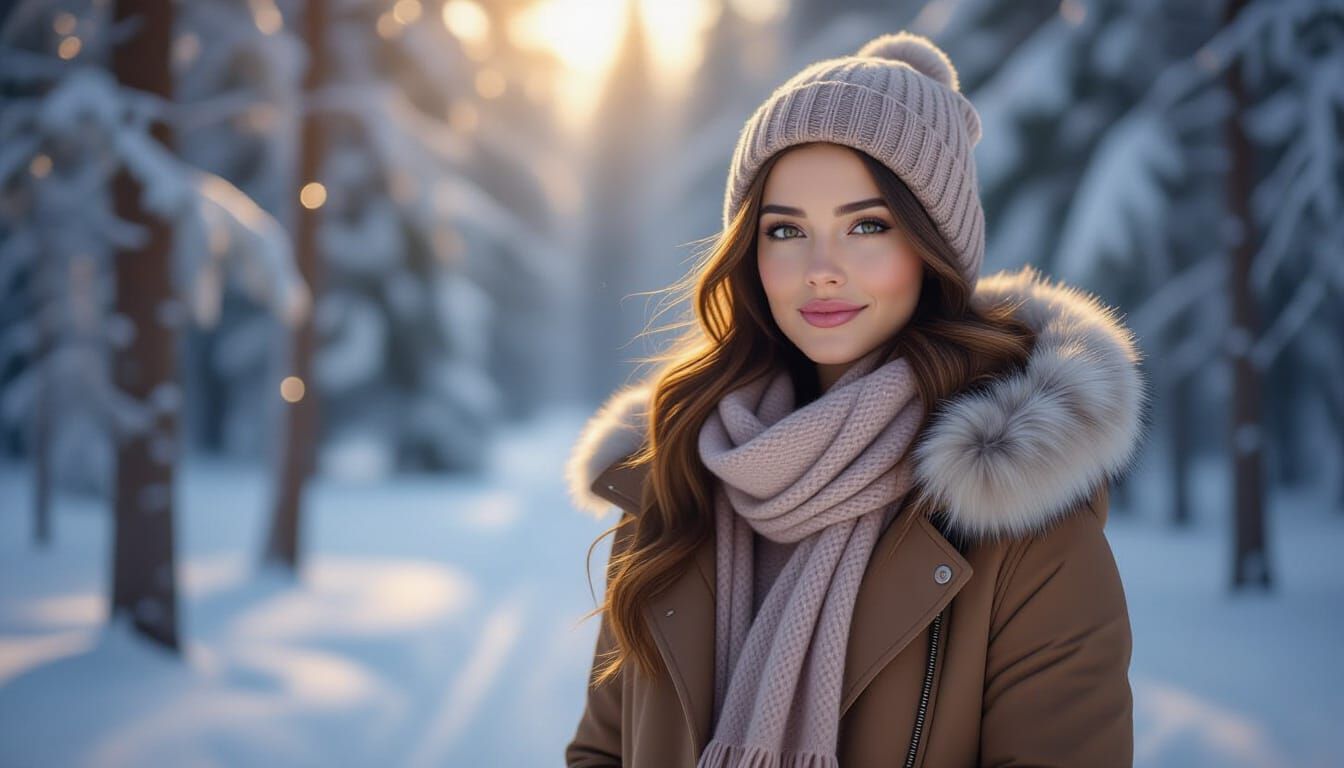 Canadian Woman in Snowy Forest, Hyperrealistic Style