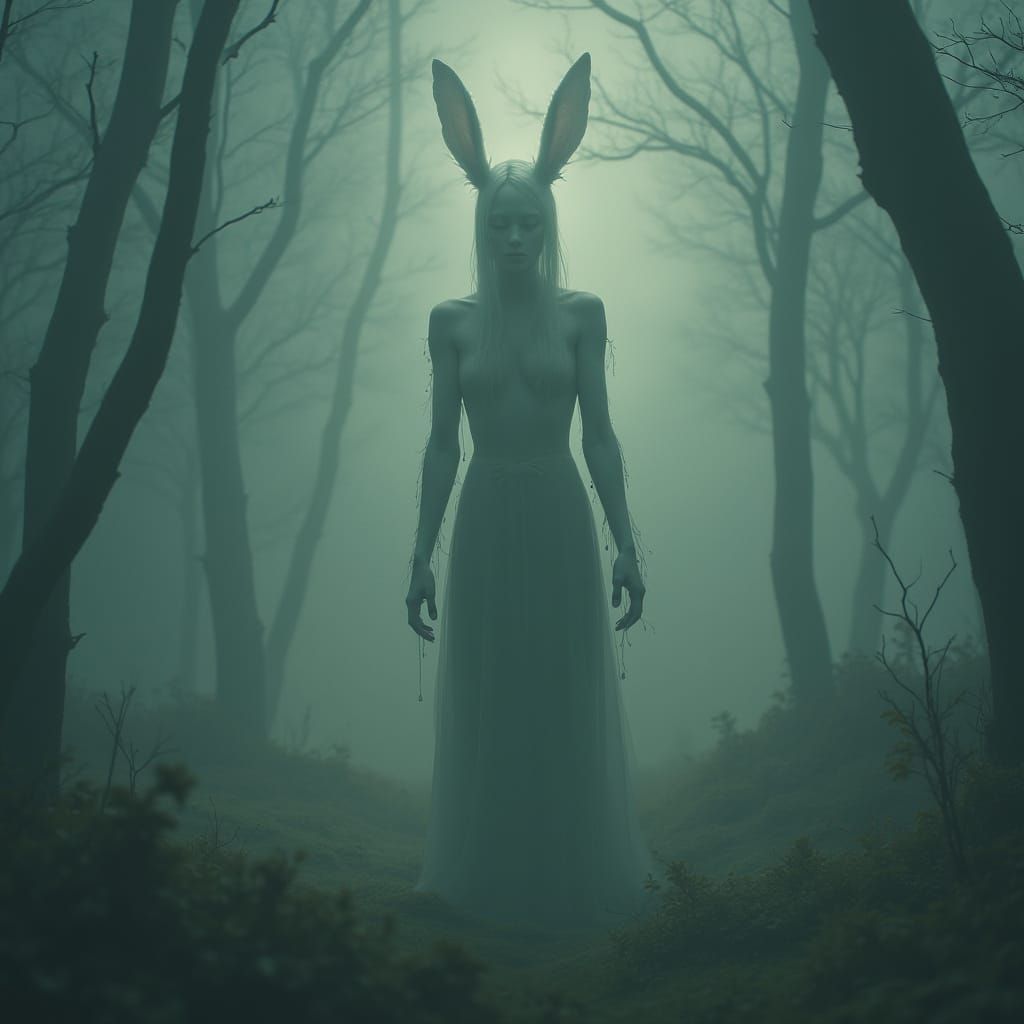 Androgynous Figure in Dreamlike Realm with Bunny Ears