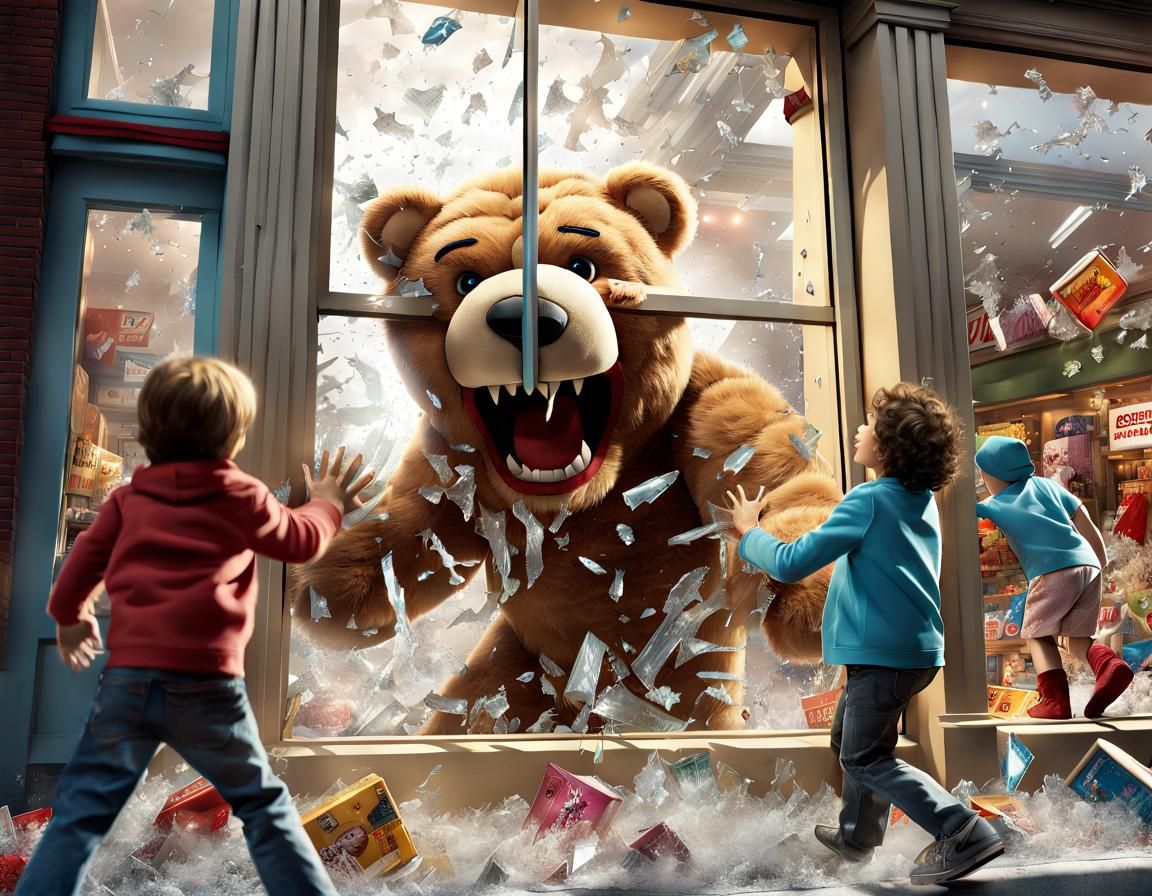 Teddy Bear Monster Breaks Through Toy Store Window