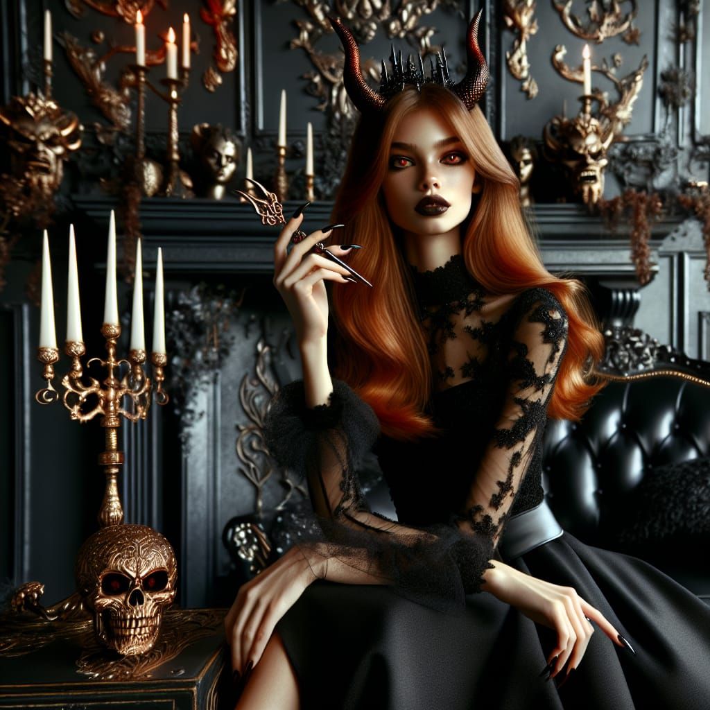 Hell Princess with Demonic Dagger in Infernal Sitting Room