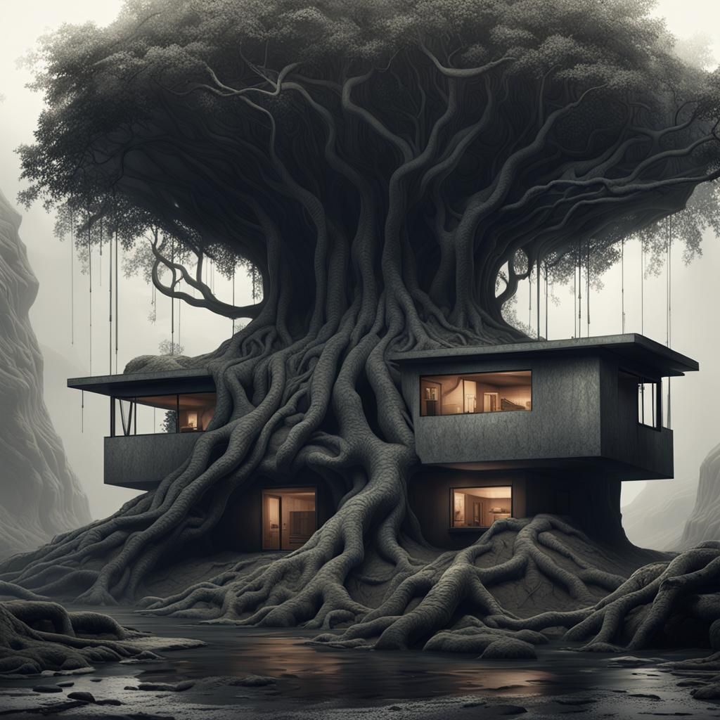 Underground House Suspended From Tree Roots