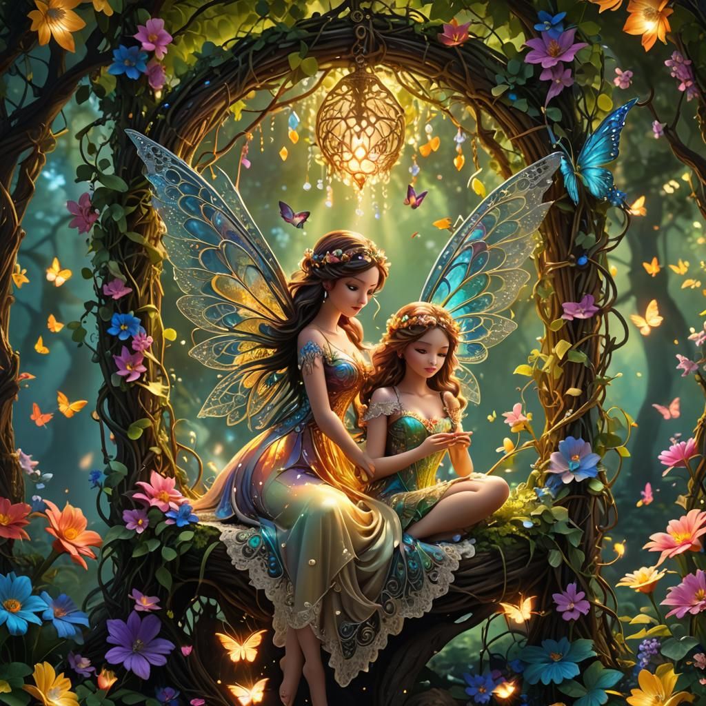 Fairy on Flower Swing with Iridescent Wings