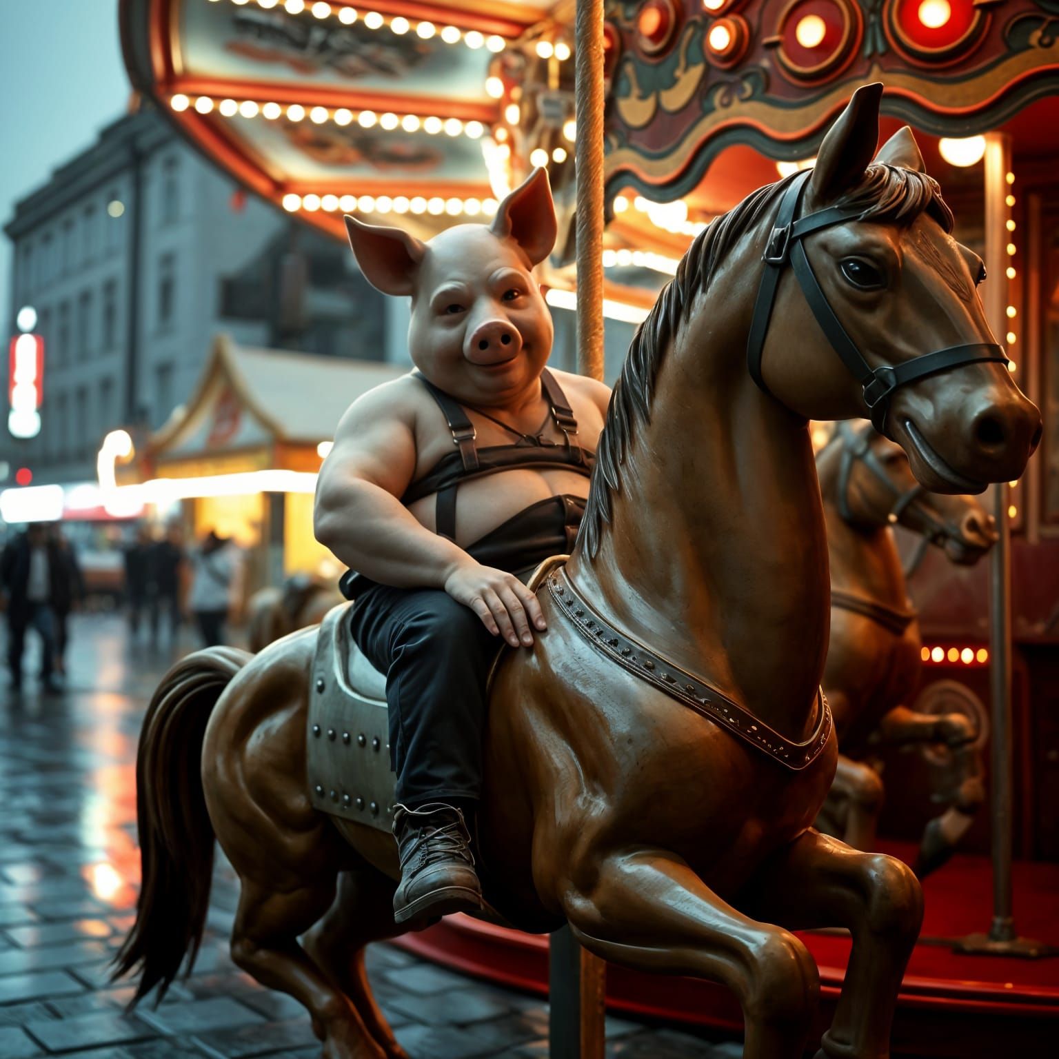Pig-Headed Man's Carousel Ride: Cinematic Film Still