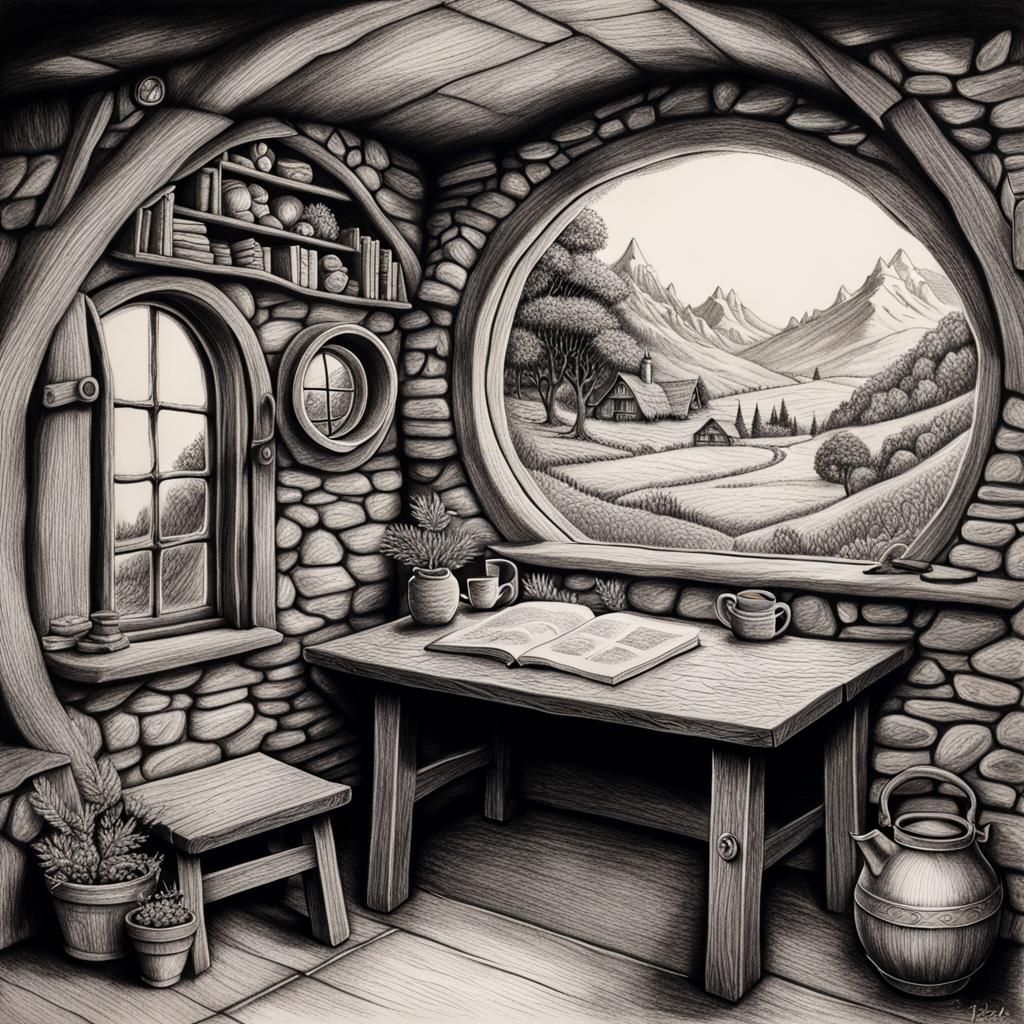Hyperdetailed Charcoal Drawing of Hobbit Hole Interior