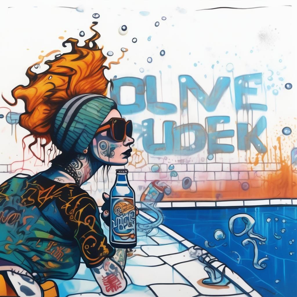 Punk Woman Crawling to Pool with Graffiti Art