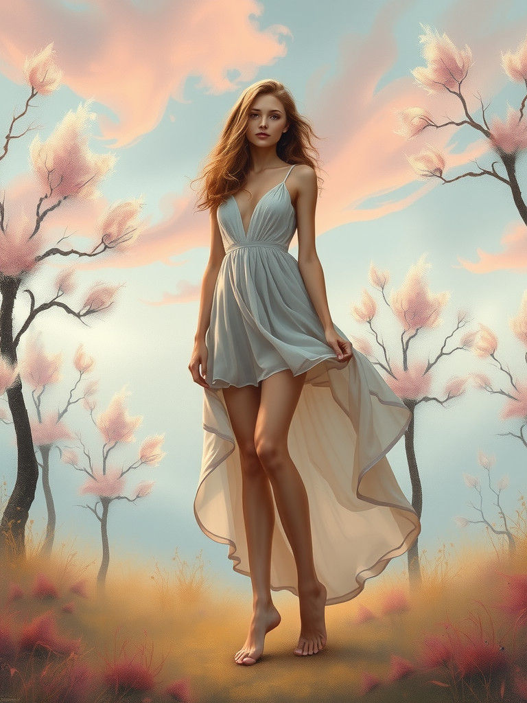 Ethereal Woman in Whimsical Landscape