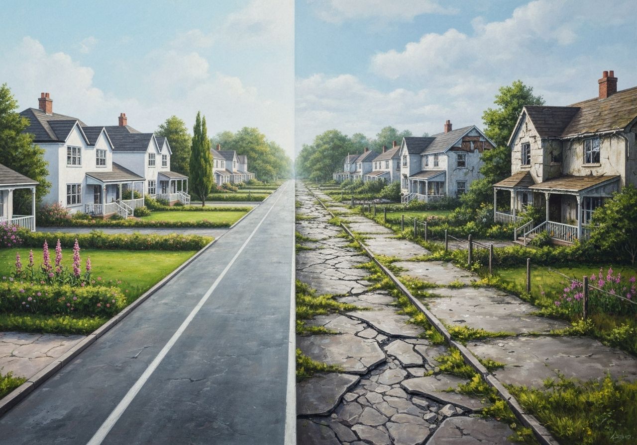 Contrasting Suburbia: An Oil Painting of Two Worlds