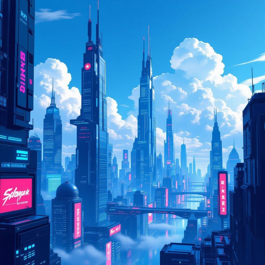 Cyberpunk Metropolis Under a Bright Blue Sky