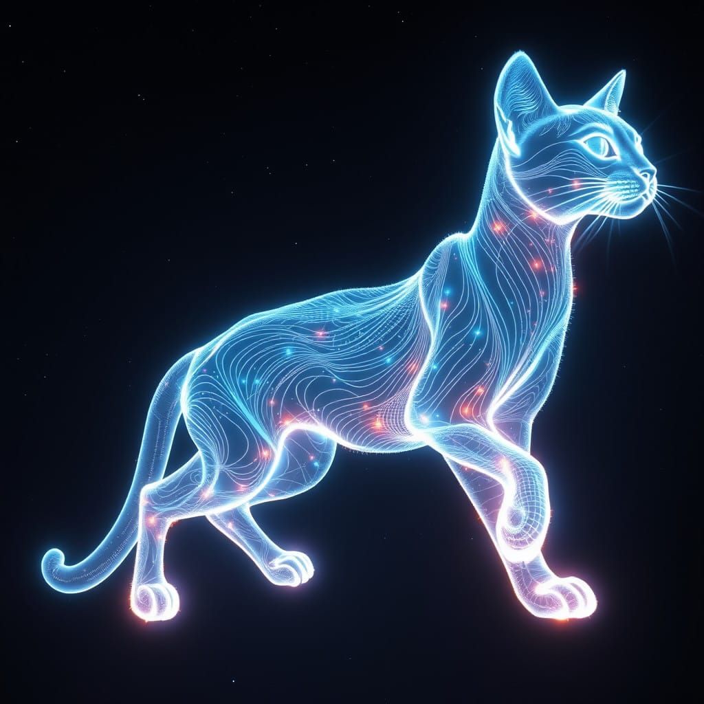 Luminous Holographic Feline in Celestial Flight