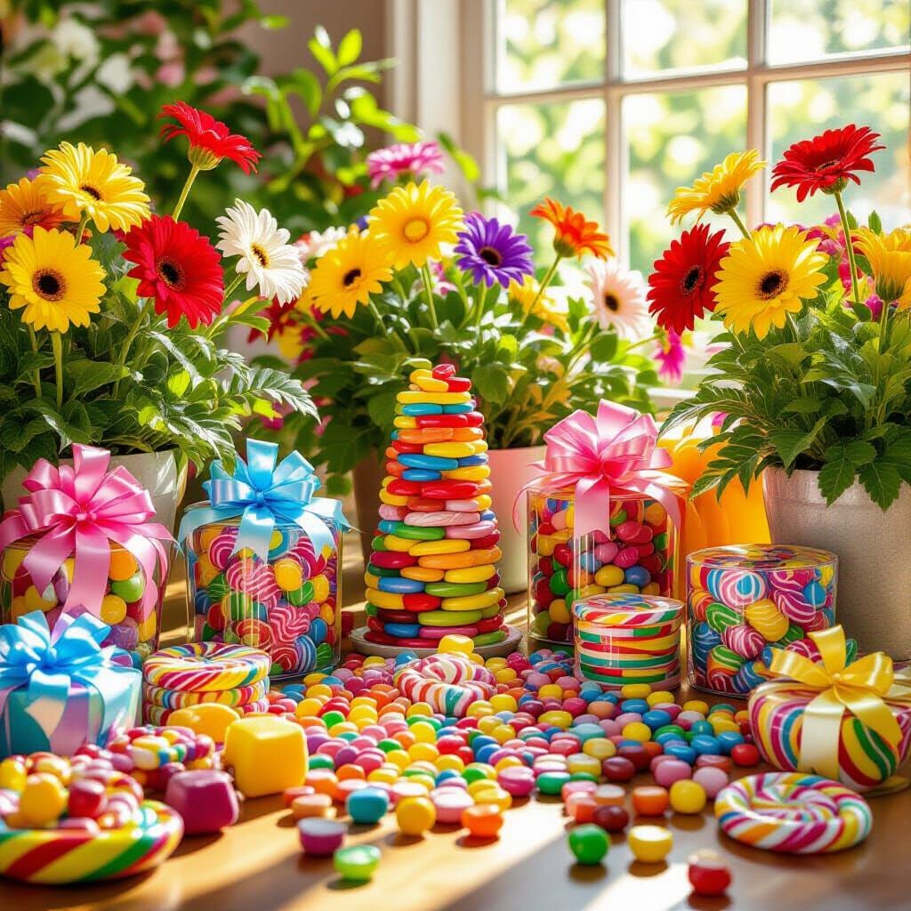 Vibrant Candy, Flowers, and Bows in Whimsical Style