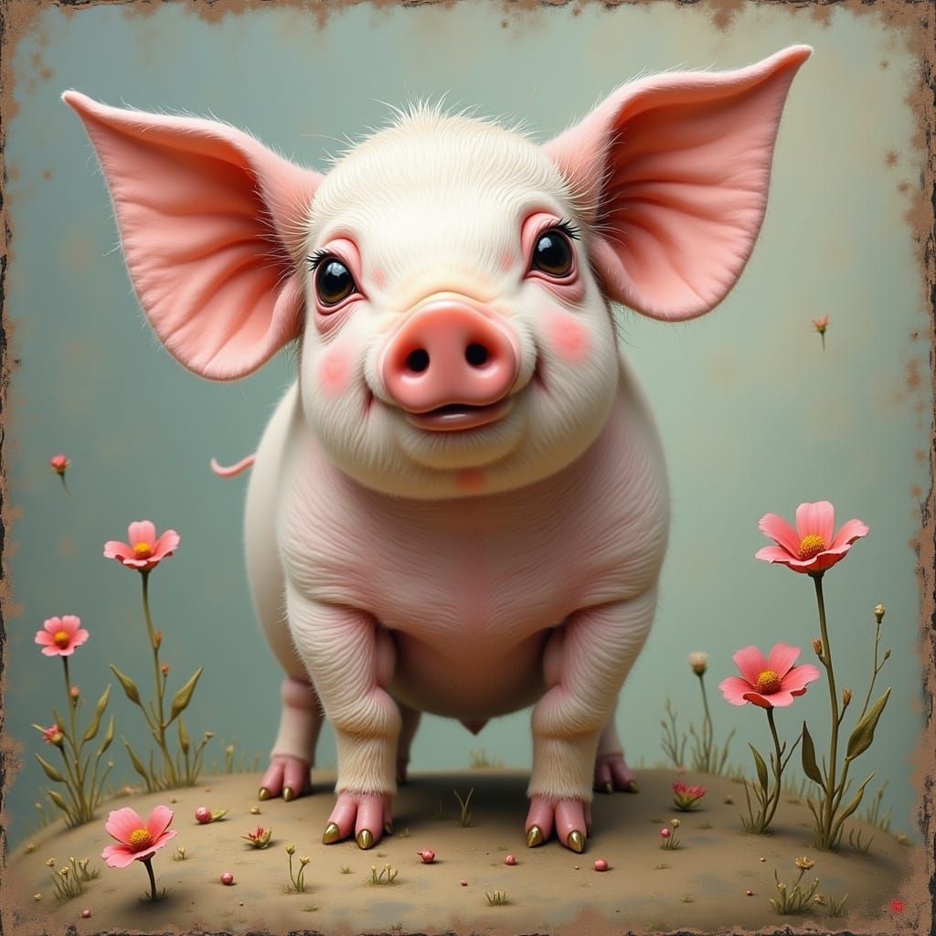 Whimsical Pig in Oil, Surrealist Pop Style