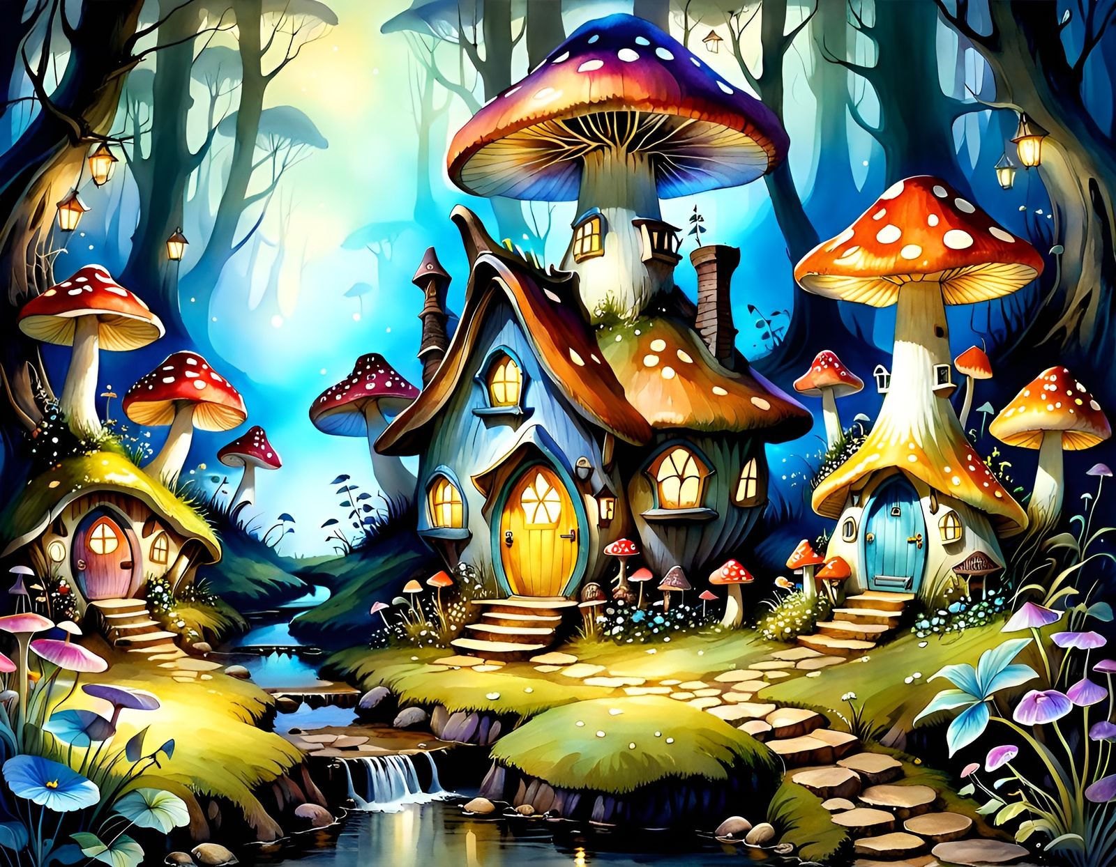 Whimsical Fairy Village in Watercolor Style