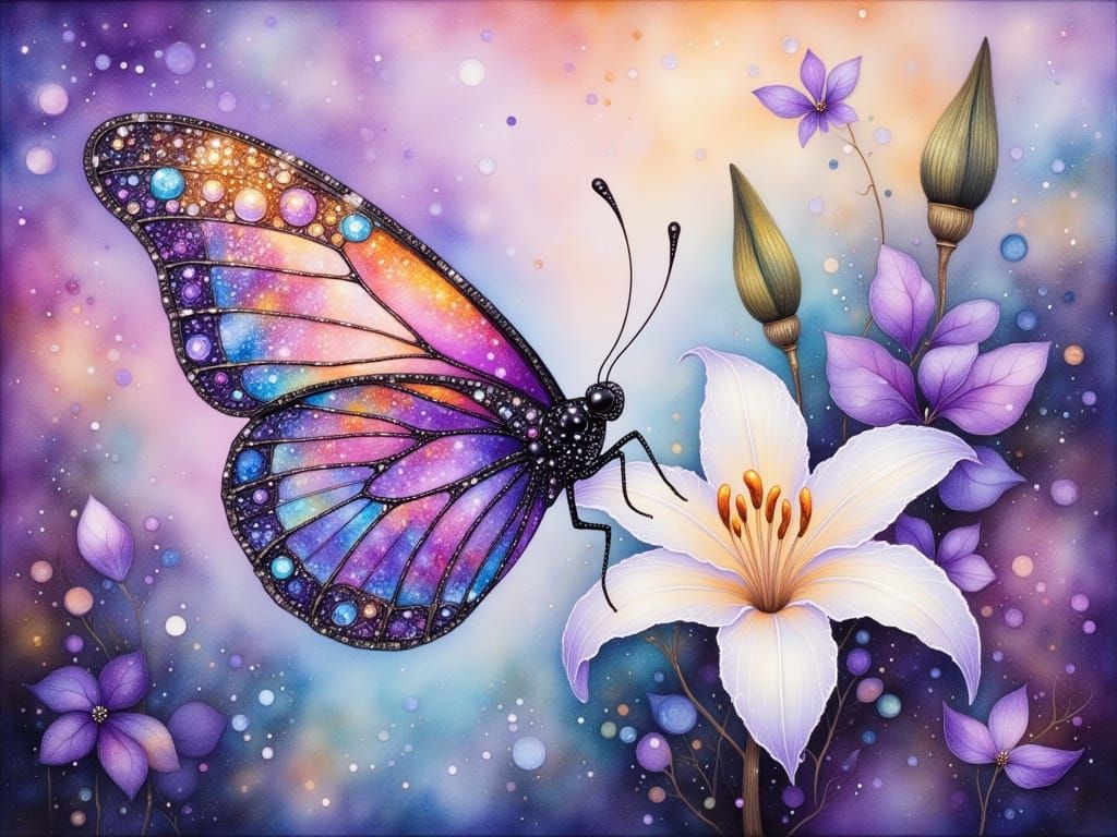 Lavender Butterfly in Glittering Oil Painting