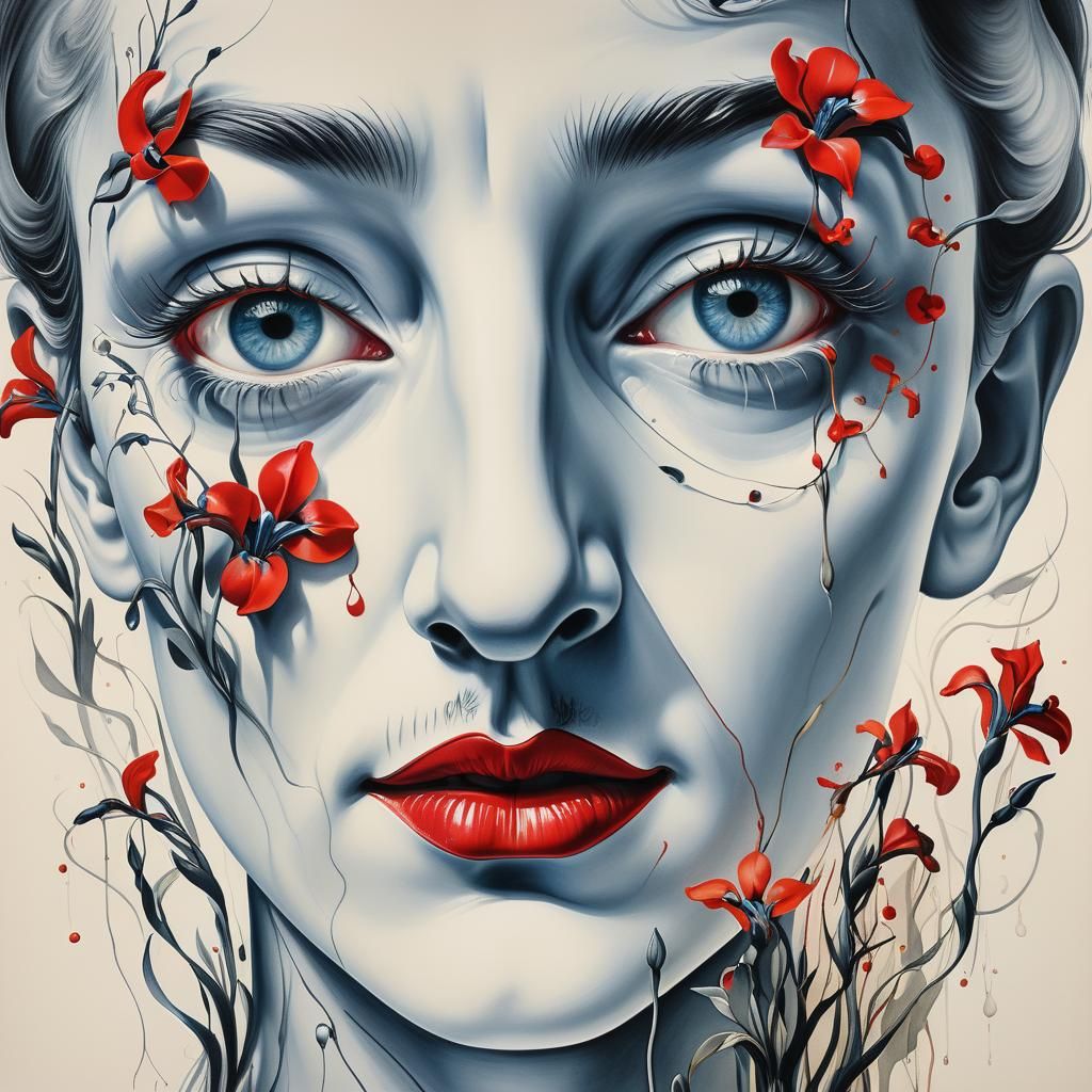 Surreal Red Flowers Bloom From Eyes: Dali-esque Pencil Art