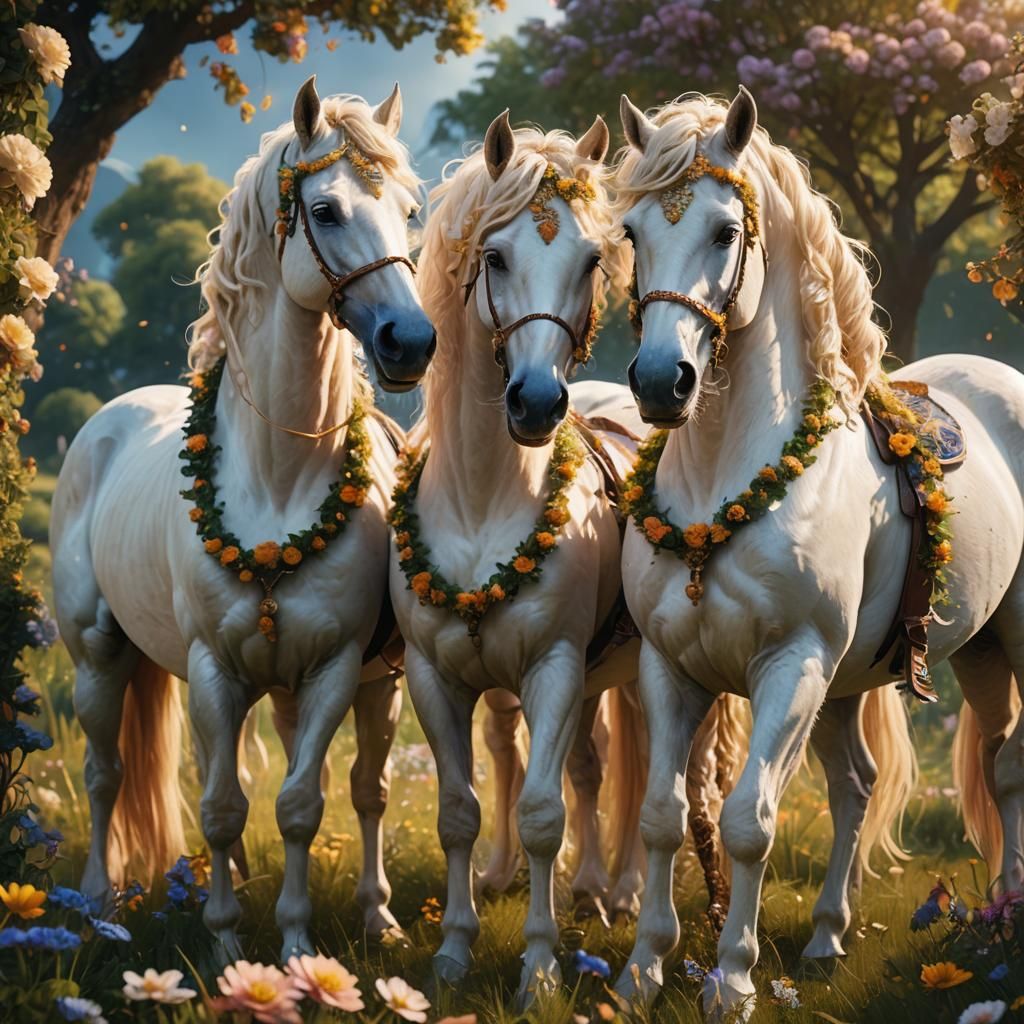 Cream Horses in Lush Meadow: Fantasy Art