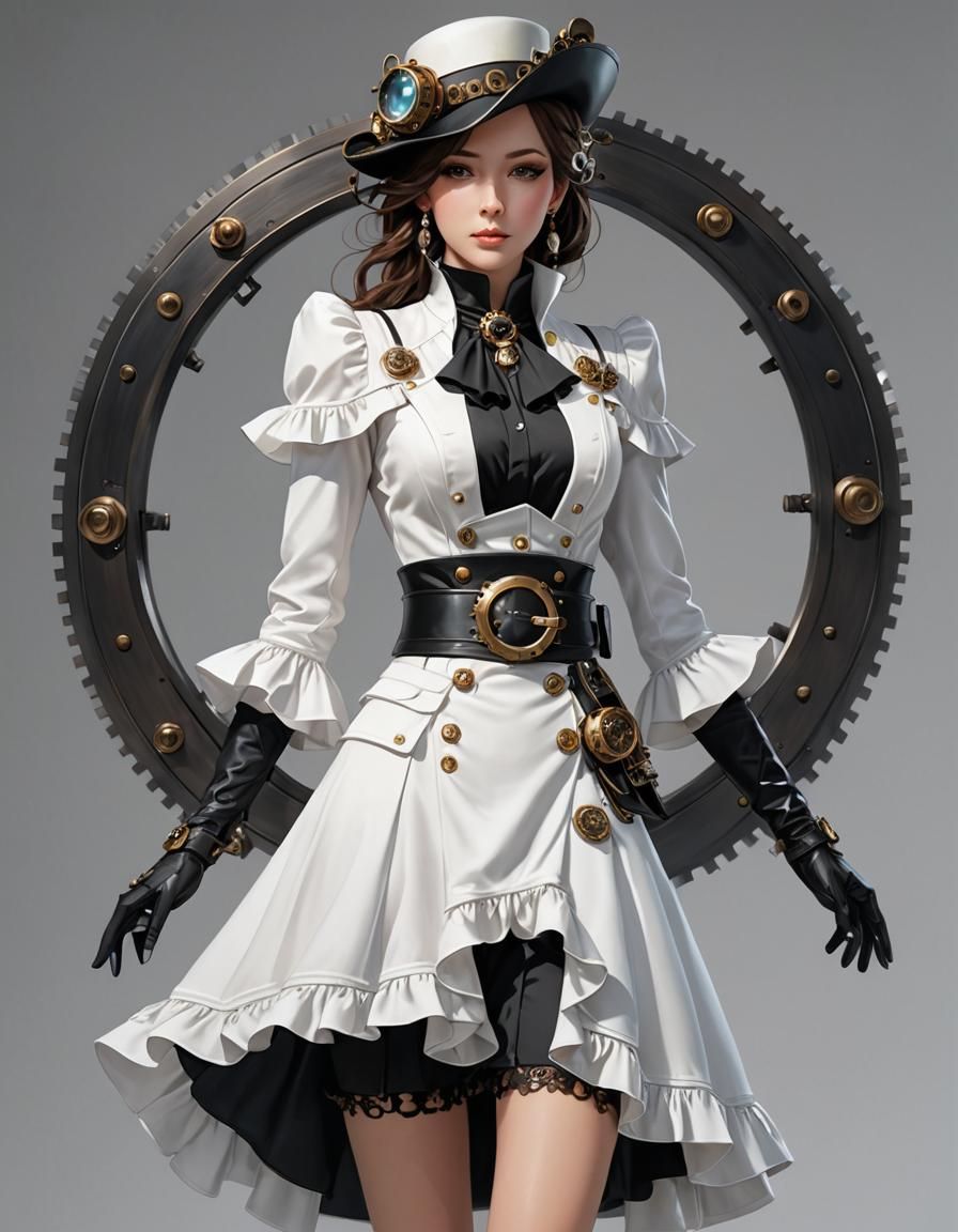 Steampunk 1930's White Dress in Anime Style