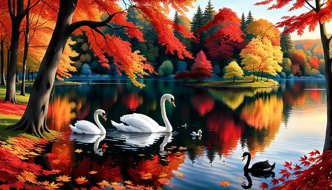 Autumn Swans in Golden Light, Dreamscapes Style
