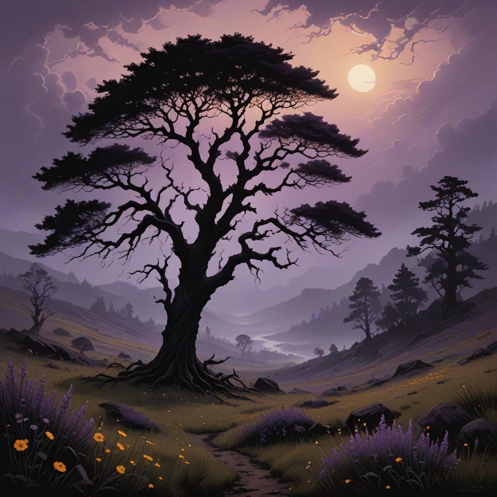 Ethereal Violet Moor Landscape in Intricate Dark Fantasy Sty...
