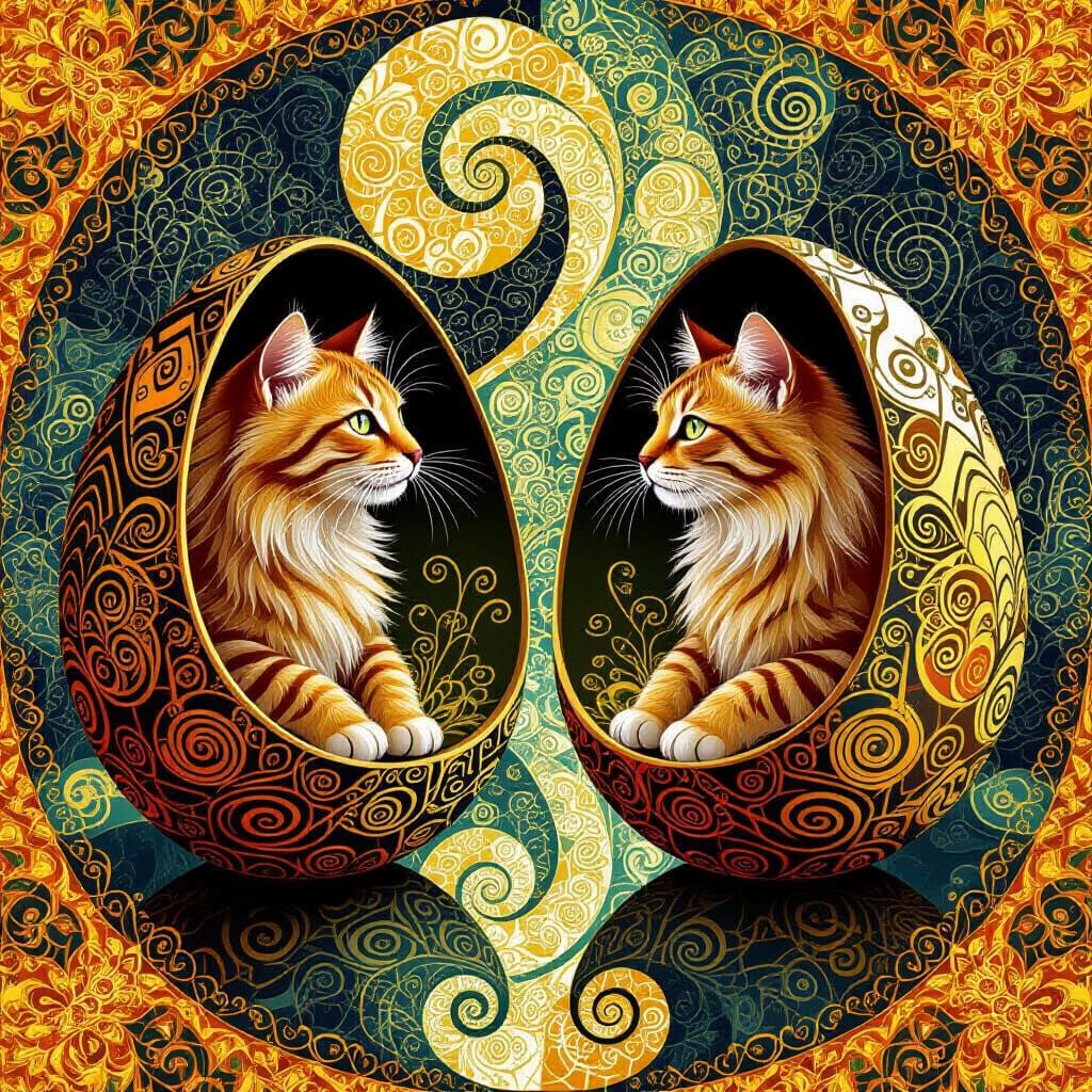 Golden Cats in Ornate Eggs Reflecting in Abstract Fractal Ar...