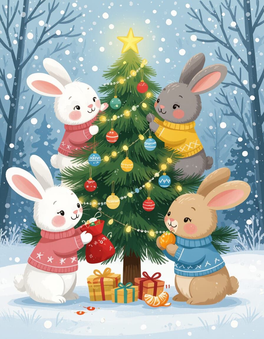 Bunnies Decorating Snowy Christmas Tree