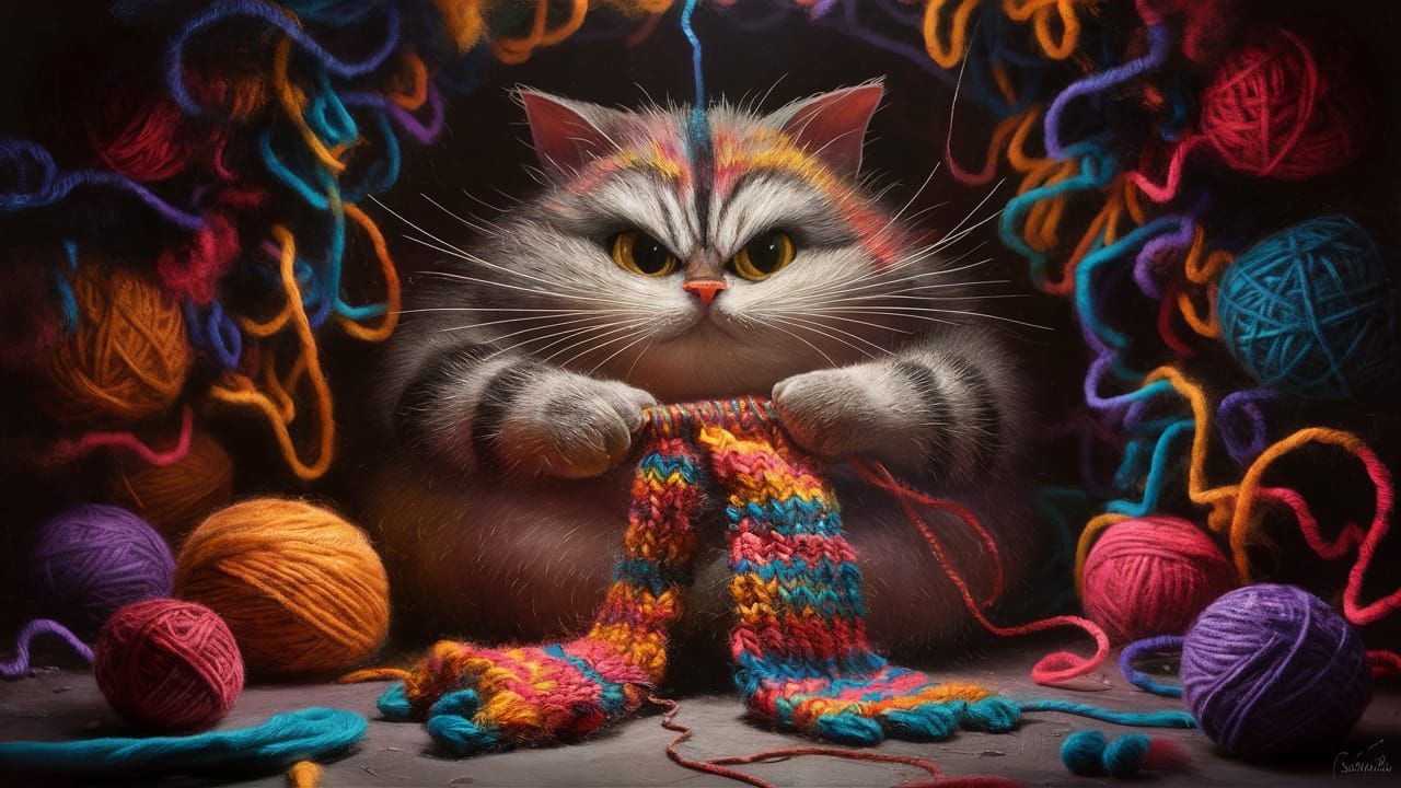 Cat Knits Colorful Scarf: Whimsical Abstract Art