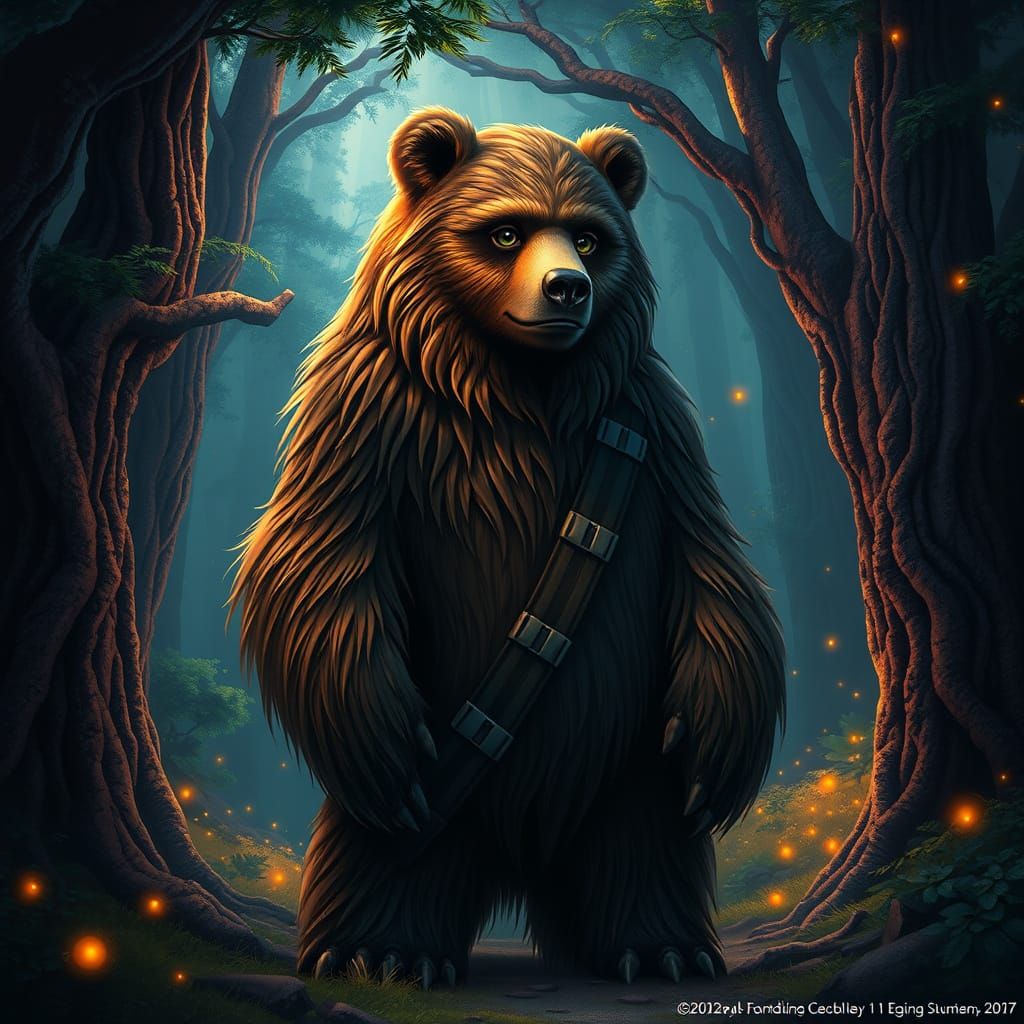 Majestic Wookiee-Inspired Bear in Lush Fantasy Forest
