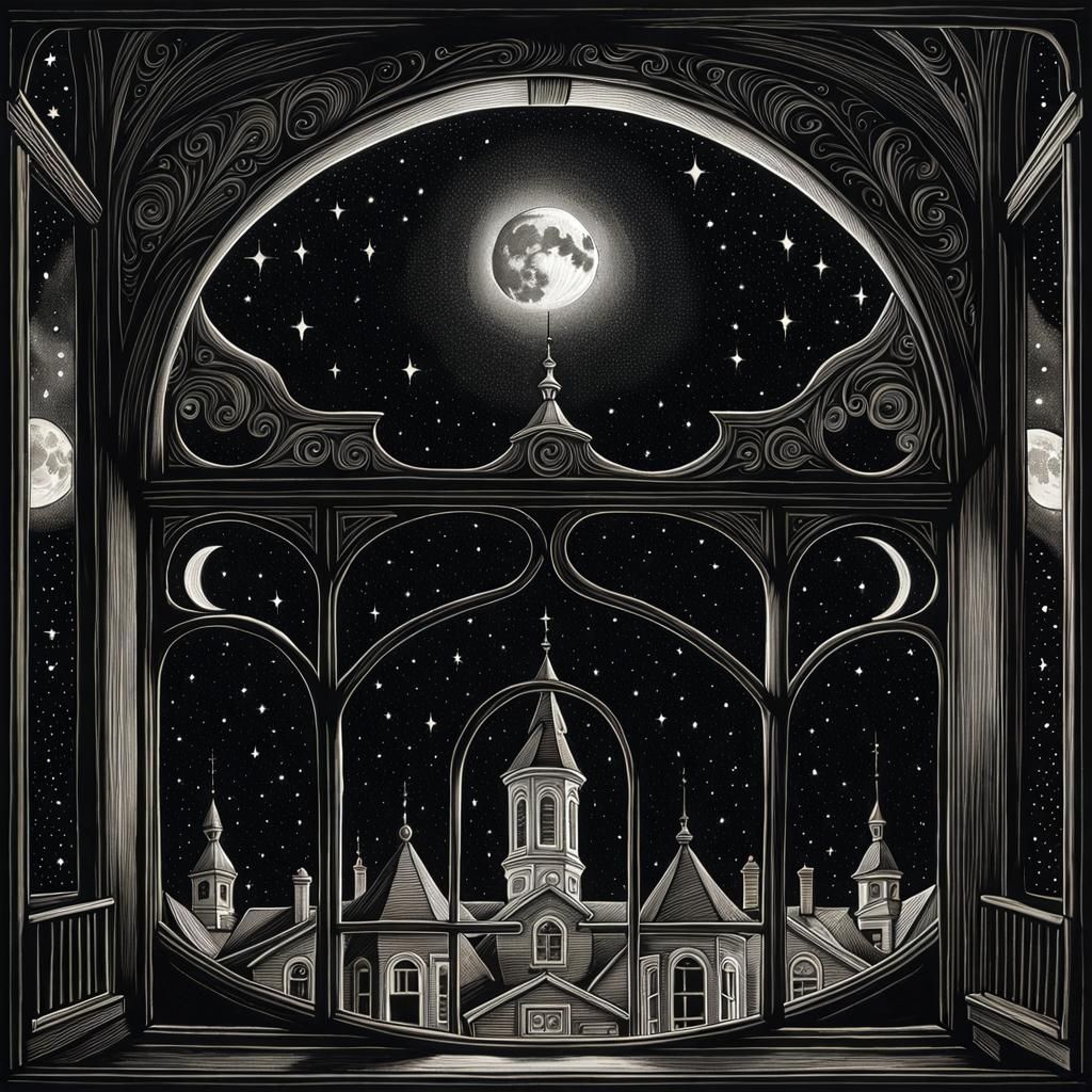 Escher Style Moonlit Optical Illusion in Black and White