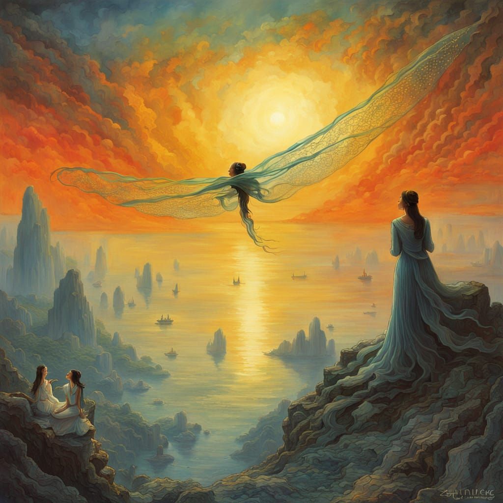 Ethereal Woman Transforms Amidst Ha Long Bay Sunset