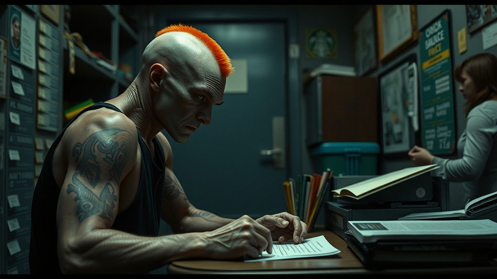 Mutant in Dimly Lit Office: Cinematic Film Still
