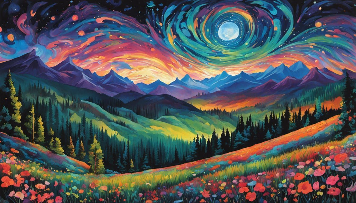 Vibrant Fantasy Mountain Landscape in Gouache Style