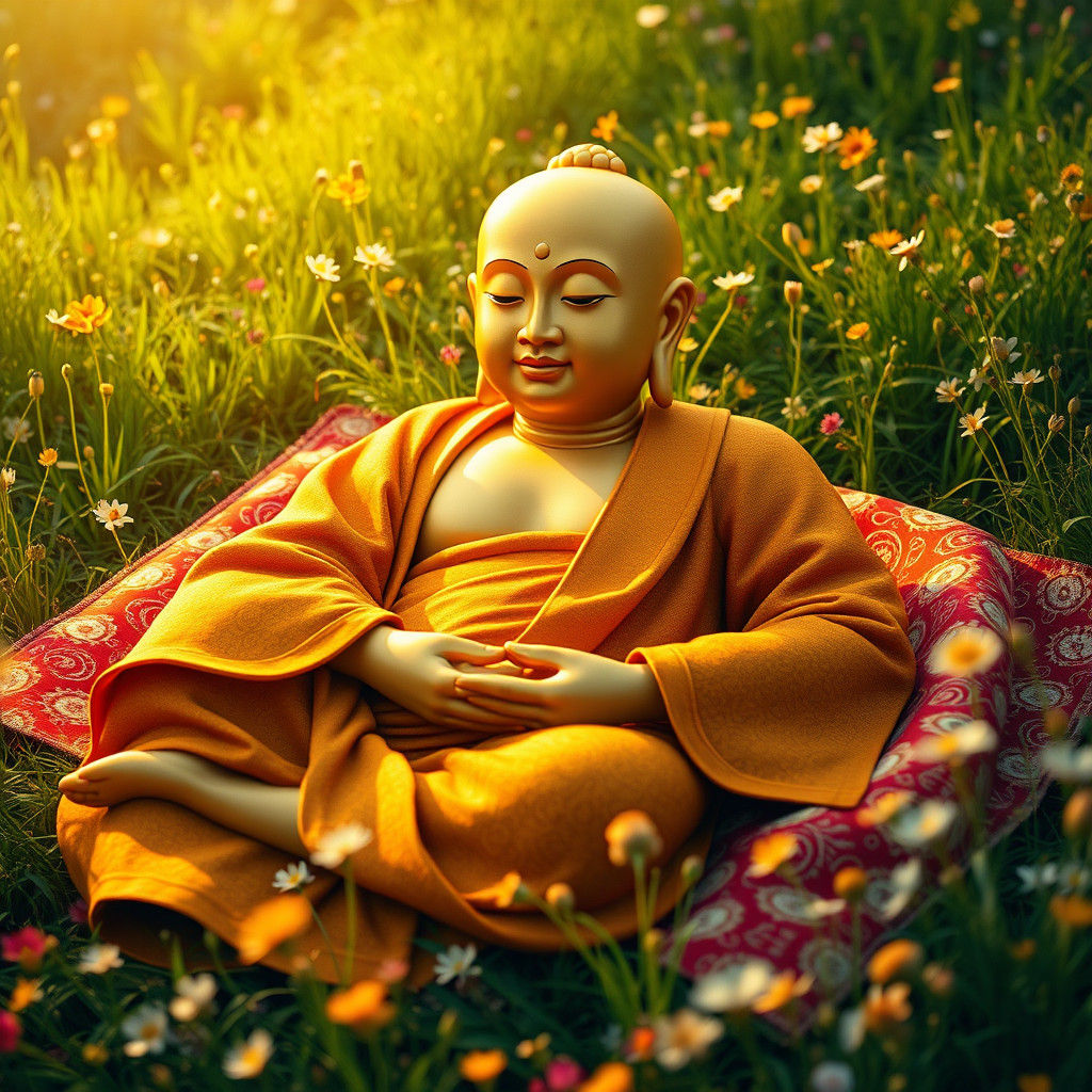 Golden Buddha in Emerald Meadow: Tranquil Matte Painting