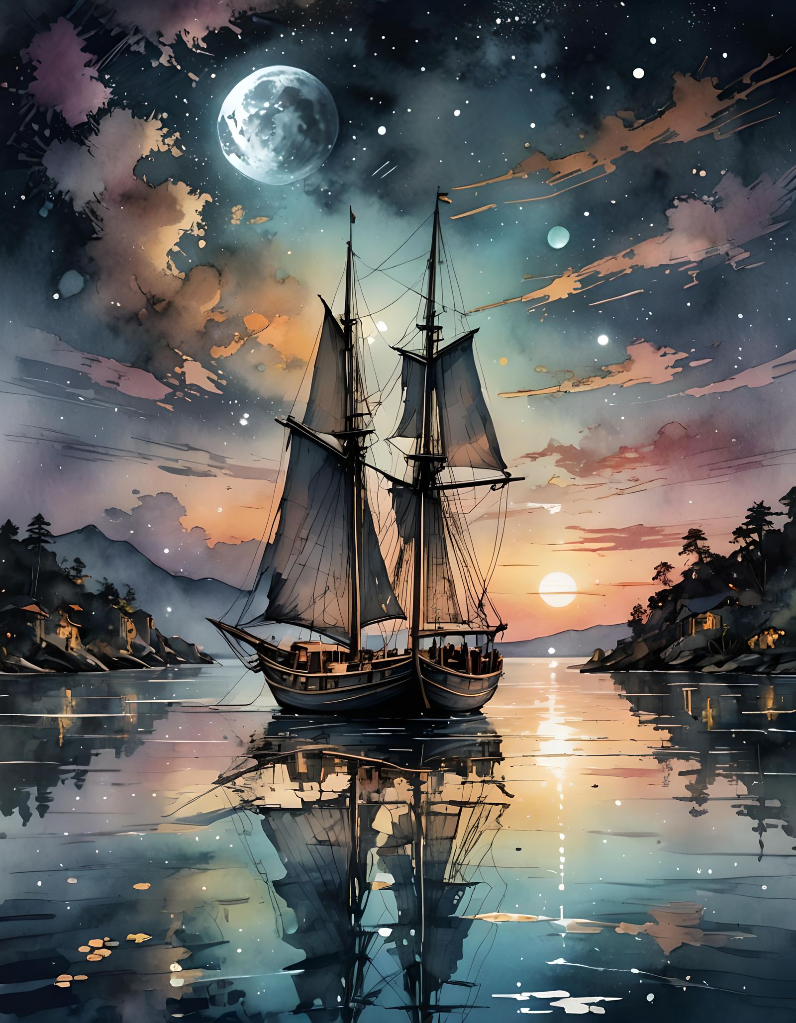 Boat on Moonlit Waters: Digital Watercolor Illustration