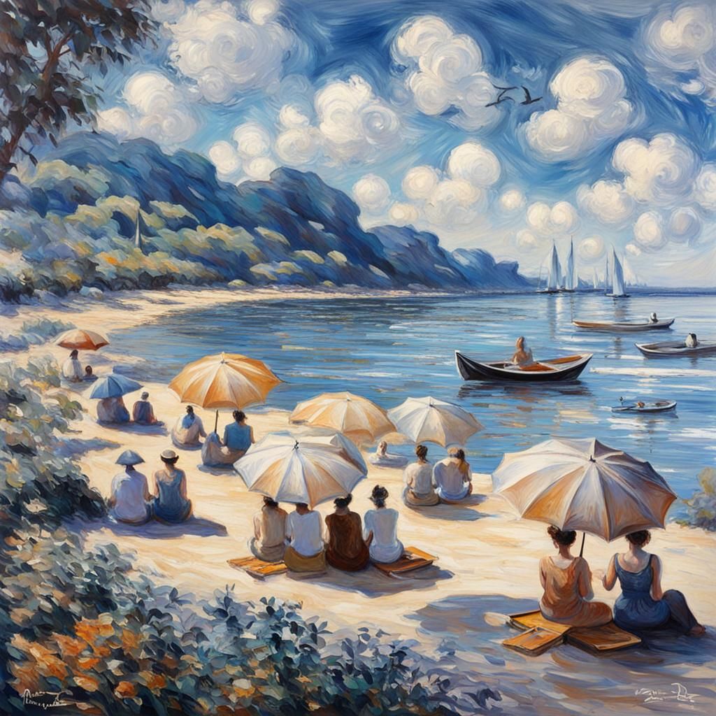 Monet Style Beach Scene with Umbrellas