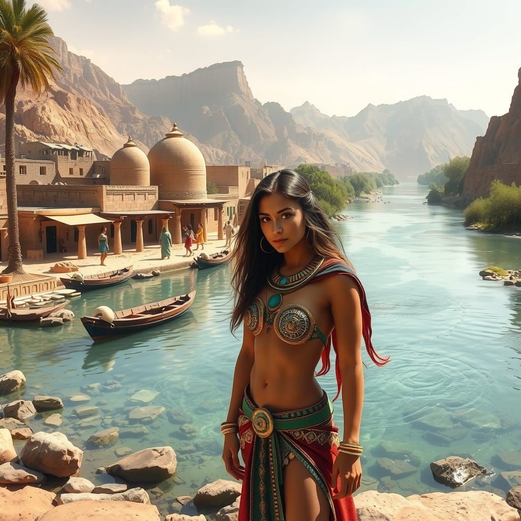 Ancient Egyptian Village Scene with Egyptian Goddess